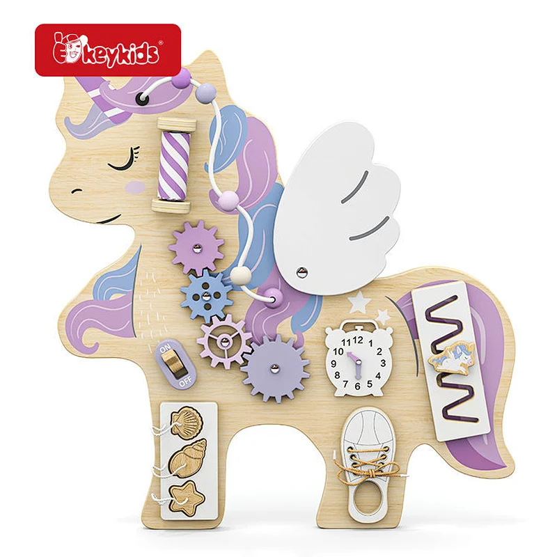 Unique Wooden Unicorn Busy Board Montessori Sensory Educational Toy for Toddlers W12D792